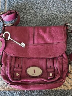 Fossil Raspberry Leather Crossbody with Key Charm
